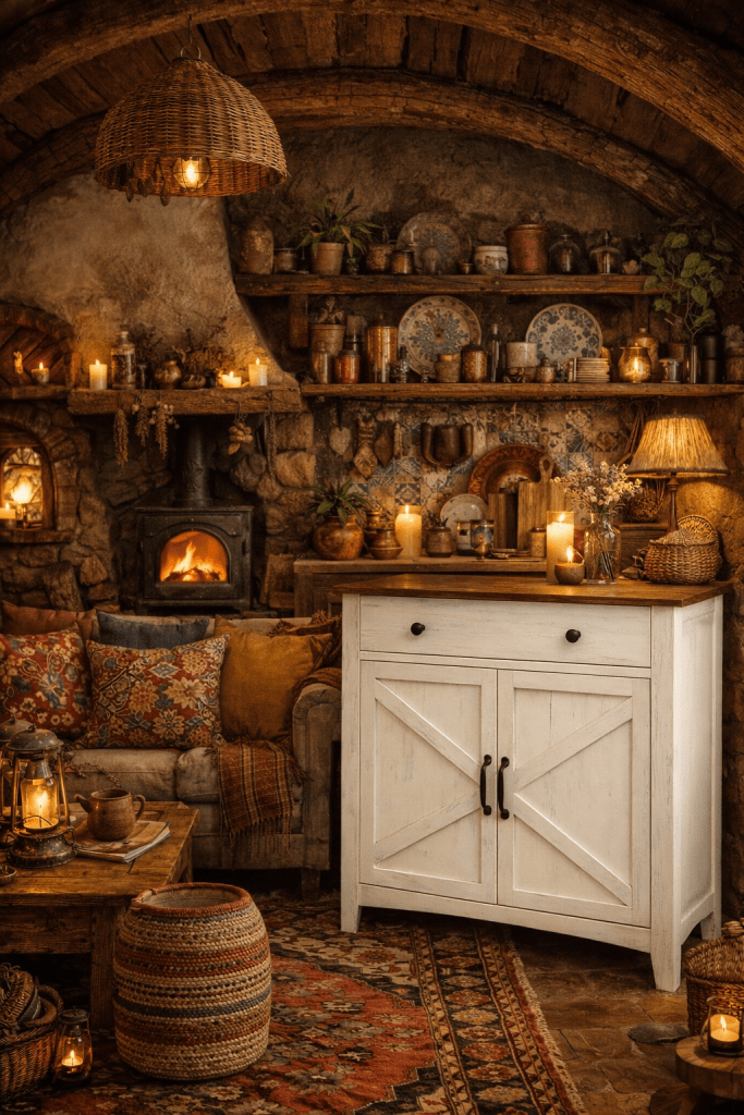 Keeps everything organised while doubling as a strong rustic feature piece.