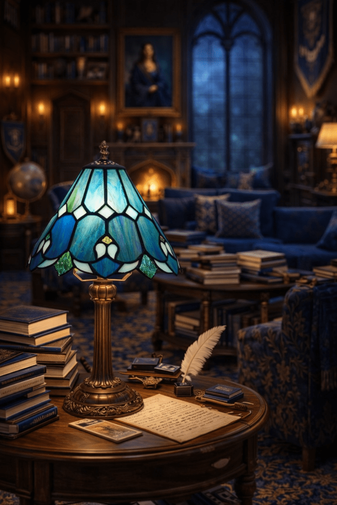 Cool blue stained glass and intricate detailing give this lamp a calm, intellectual feel with a subtle magical edge.