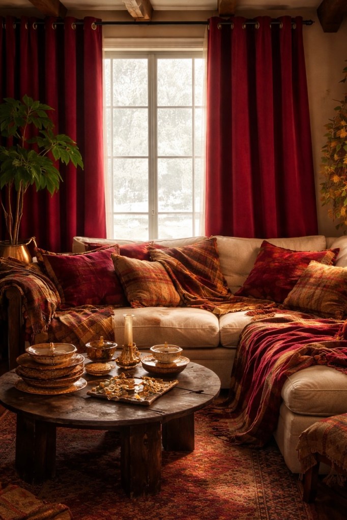 Frames the room with rich colour, tying the entire aesthetic together.