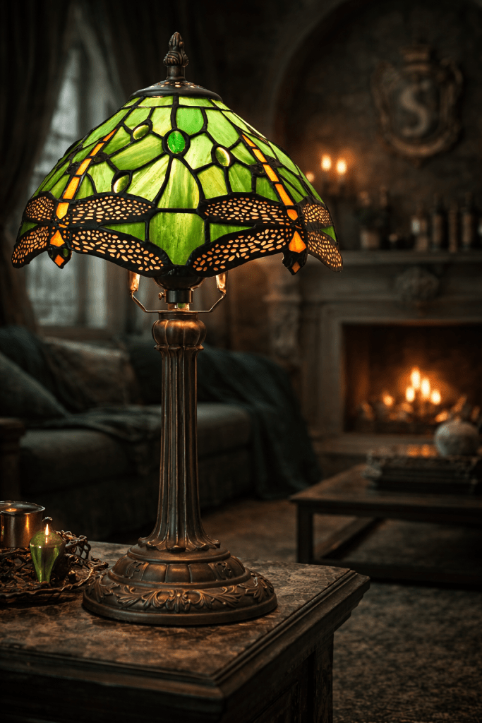Deep green hues and elegant glasswork create a moody, refined atmosphere with a hint of mystery.