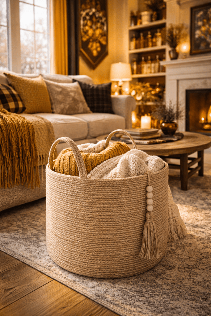 Introduces natural texture while providing practical storage.