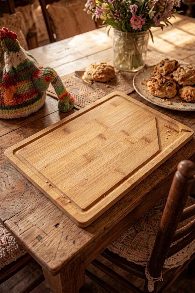 A solid wooden board that adds natural warmth to your kitchen while being both practical and decorative.