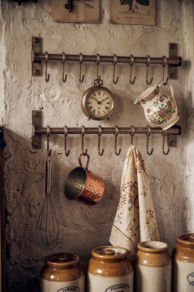 A practical way to store cookware or utensils while adding vertical interest and farmhouse character.