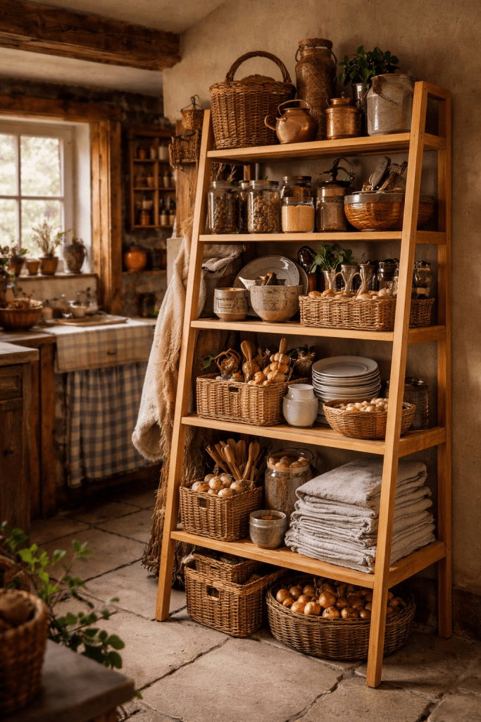 A rustic wooden ladder shelf perfect for displaying jars, cookware, and everyday essentials with a warm, lived-in feel.