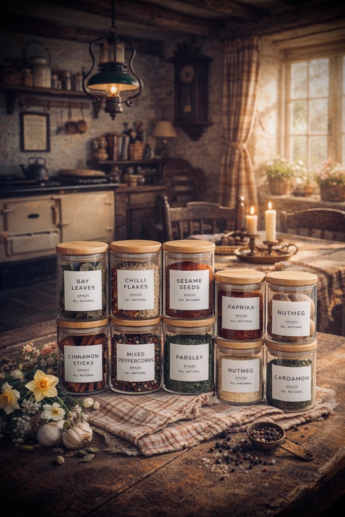 Simple jars that keep your spices organised while enhancing that cozy, rustic kitchen look.