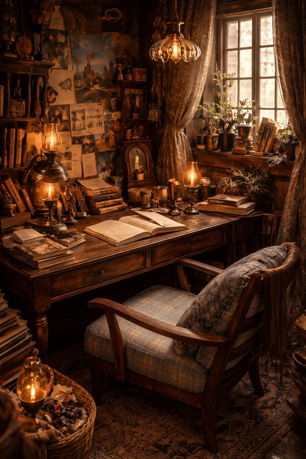 Cozy vintage study room with wooden desk, open books, oil lamps, armchair, and plants near window
