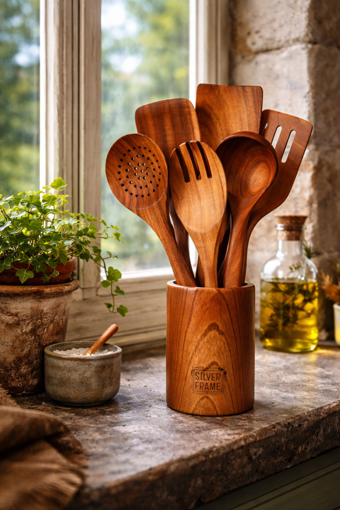Classic wooden utensils that feel timeless, practical, and perfectly suited to a rustic kitchen.