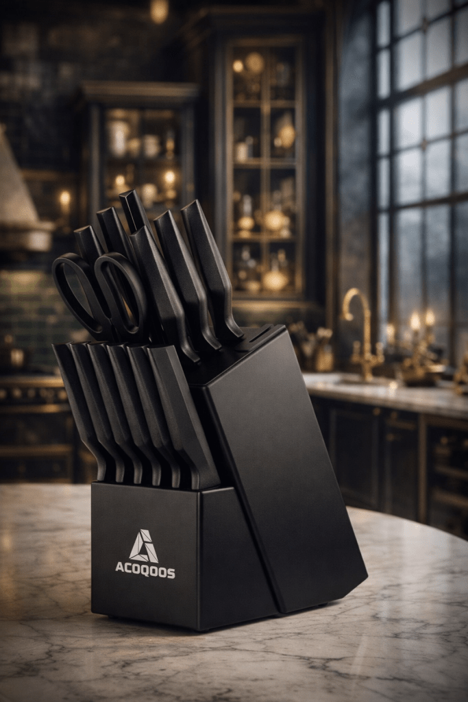 A black knife block set with various kitchen knives and a pair of scissors, displayed on a marble countertop in a stylish kitchen setting.