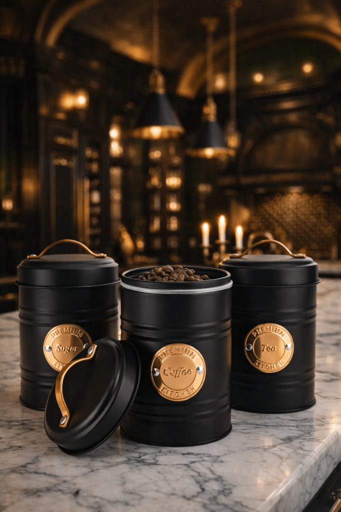 Three black storage canisters labeled 'Sugar', 'Coffee', and 'Tea' with bronze accent medallions, arranged on a marble countertop in an elegantly lit interior.