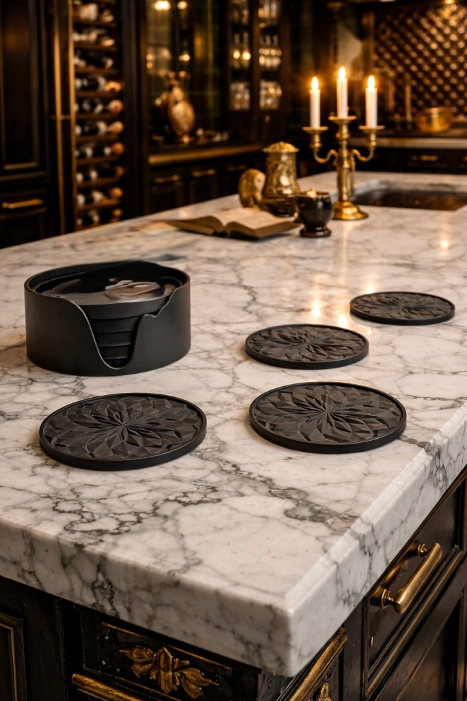 A marble kitchen countertop featuring a sleek black container and four decorative black coasters, with candles lit in the background.