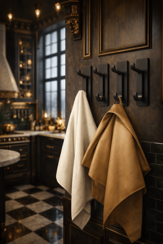 Towels hanging on black hooks in a stylish kitchen with wooden cabinetry and checkered flooring.