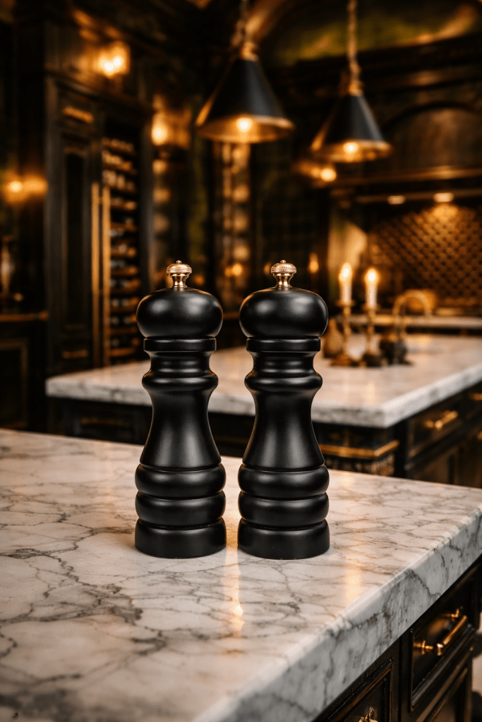 Two elegant black pepper mills on a marble countertop in a luxurious kitchen setting.