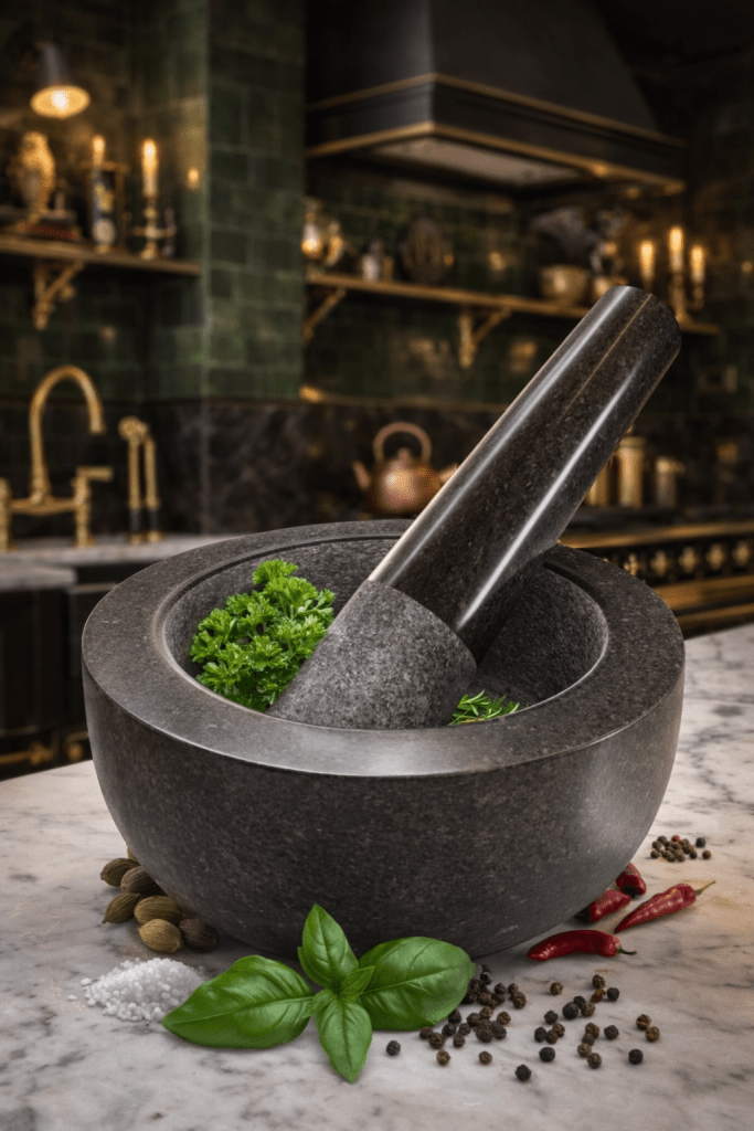 A dark stone mortar and pestle sits on a marble countertop, filled with fresh parsley and surrounded by various herbs and spices including basil, black pepper, red chili, salt, and cardamom. The kitchen background features vintage decor and warm lighting.