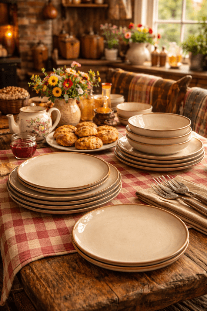 A charming set of plates with a simple, rustic style perfect for everyday meals.