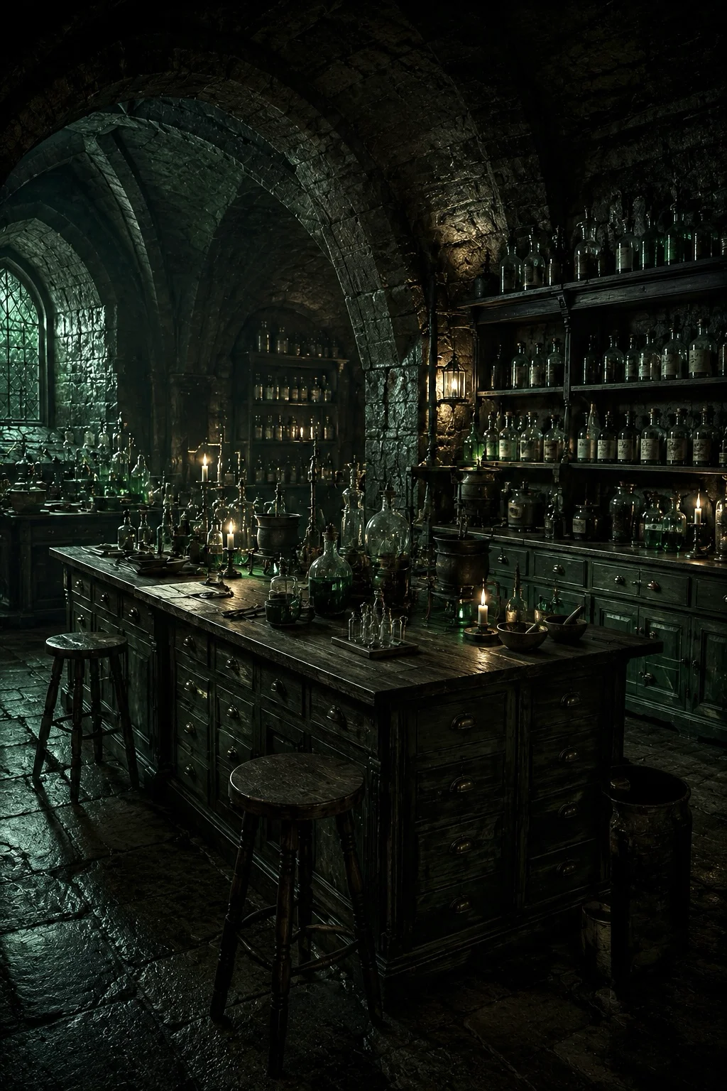 Dark medieval apothecary filled with glass bottles, candles, and wooden worktables